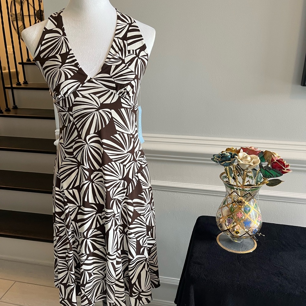 London Times Brown and White Patterned Midi Dress